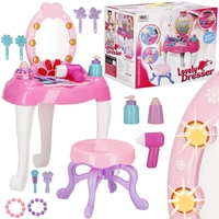 Masa toaleta pentru copii, cu taburet, 19 accesorii joaca, din plastic, 37x20x60 cm, roz