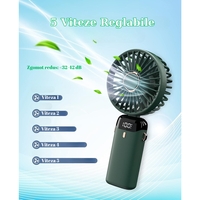 Ventilator Ultra Portabil cu Aromaterapie, Vafy, 3 in 1, de Mana, de Birou, de Gat, 5 Trepte de Viteza, Incarcare USB, Autonomie 12h, Pliabil, cu Ecran LCD, Verde
