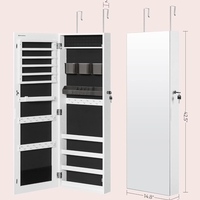 SONGMICS Dulap pentru bijuterii, cu oglinda design fara rama, MDF, montare pe perete sau usa, 37x10x108 cm, alb