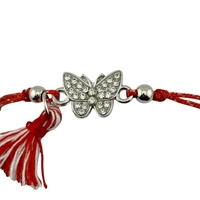 Martisor Bratara cu Ciucure pentru Dama, Jolie, Model Fluture cu Pietre, Set 12 bucati, Pandativ din Inox, Snur Reglabil, Rosu/Alb