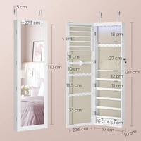 SONGMICS Dulap pentru bijuterii cu oglinda, montare pe perete sau usa, material MDF, inchidere cu cheie, 120x37x10 cm, alb