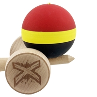 Kendama X Originala, Profesionala, Flippy, Cupe Mari KING SIZE V3, Rubber Grip, Gaura in Baza, Rulment Metalic, din lemn 18 cm, Ata 62/65 cm, M Rosu/Galben/Negru