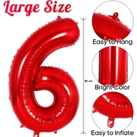 Balon din Folie Metalizata Flippy, Figurina Cifra, Tema Aniversare 80 cm, Ambalaj Individual, Pai inclus, Umflare cu Aer sau Heliu, Rosu, Cifra 6