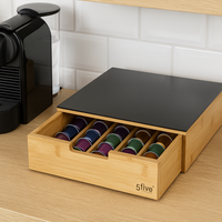 Suport capsule cafea 5Five Blackbamboo, cu sertar, bambus si sticla, 30x30x10 cm, natur si negru