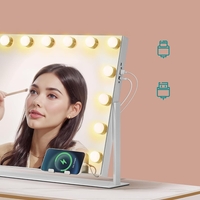 SONGMICS Oglinda machiaj cu iluminare LED, 3 culori lumina, suport telefon, porturi USB, zoom 10x, 58x43 cm, alb