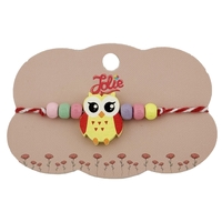 Bratara Martisor pentru Copii, Jolie, Pandativ Bufnita, cu Margele Multicolore, Snur Alb/Rosu, Galben