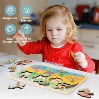 Puzzle Montessori din Lemn pentru Copii, Flippy, 0-3 Ani, Model Animale din Jungla, Educativ, Intuitiv, Creativ, 9 Piese, 30x22.5x0.8 cm, Multicolor