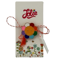 Martisor pentru copii, Jolie, Material Metal, Ambalaj Carton cu Design, Dimensiune Brosa Aproximativ 2x2 cm, Multicolor, Model Floare