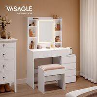 VASAGLE Masa de toaleta cu taburet si oglinda, iluminare LED reglabila, 6 sertare, 98x40x145 cm, alb