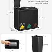 SONGMICS Cos de gunoi din otel cu 3 compartimente colectare selectiva, cu galeti interioare, 3x8litri, negru mat