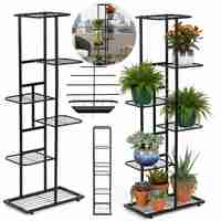 Suport pentru flori, metalic, cu 6 polite, structura verticala, 41x22x106 cm, negru