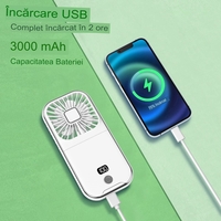 Ventilator Portabil Vafy, 3 in 1, de Mana, de Gat, de Birou, 16.7 x 8 x 1.9 cm, 3 Trepte de Viteza, Incarcare USB, Pliabil, Afisaj Digital, Suport Telefon, Alb