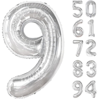 Balon din Folie Metalizata, Flippy, Figurina Cifra, Tema Aniversare 80 cm, Ambalaj Individual, Pai inclus, Umflare cu Aer sau Heliu, Argintiu, Cifra 9