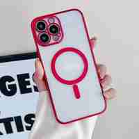 Husa MagSafe pentru Apple iPhone 12, Protectie camera, Full TPU, Margini colorate Electroplating, Magnetica, Incarcare Wireless, Vafy, Rosu