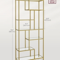 VASAGLE Biblioteca cu 6 polite din sticla securizata si cadru din otel, 80x30x180 cm, auriu