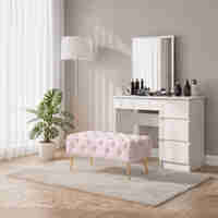 Taburet Madrid, tapitat cu catifea, tip banca, cu picioare metalice, 80x42x41 cm, roz pudra