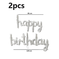 Set Baloane din Folie Metalizată, Flippy, Model Happy Birthday, 45x85 cm, 45x124cm, Baloane Party, Ambalaj Individual, Pai inclus, Umflare cu Aer sau Heliu, Argintiu