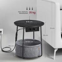 VASAGLE Masuta de cafea rotunda cu cos de stofa, statie de incarcare 2 prize si 2 USB, 45x50cm, negru