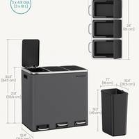 SONGMICS Cos de gunoi colectare selectiva cu 3 compartimente 3 x 18L, capace soft close, pedale, otel, 61x32x56 cm, gri mat