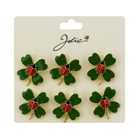Brose Martisor Primavara, Jolie, Set 12 Bucati, Model Trifoi cu Buburuza, Brosa din Metal, 2.5 x 2.5 cm per Bucata, Verde