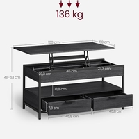 VASAGLE Masuta de cafea cu blat reglabil pe inaltime, cu sertare si spatii de depozitare, stil industrial, 100x50x63 cm, gri antracit