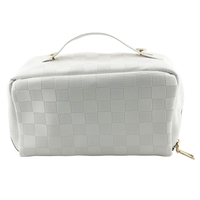 Geanta de Calatorie Flippy, Pentru Cosmetice, Portabila, Impermeabila, din Piele Ecologica, Compartimente Multiple, cu Fermoar, 22 x 13 x 12.5 cm, In Carouri, Alb