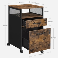 VASAGLE Dulap mobil 42x44x69 cm, cu 2 sertare si roti cu frana, compartiment deschis si suport dosare, PAL si otel, maro rustic si negru