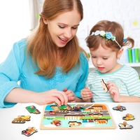 Puzzle Montessori din Lemn pentru Copii, Flippy, 0-3 Ani, 3D, Model Transporturi, Educativ, Intuitiv, Creativ, 9 Piese, 30x22.5x0.8 cm, Multicolor