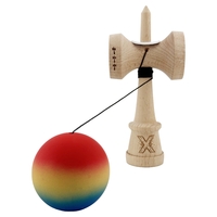 Kendama X Originala, Profesionala, Flippy, Cupe Mari KING SIZE V3, Rubber Grip, Gaura in Baza, Rulment Metalic, din lemn 18 cm, Ata 62/65 cm, Gradient Rosu/Galben/Albastru