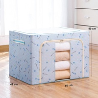 Cutie de Depozitare Pliabila, Flippy, 100 L, din Tesatura Oxford, 60x42x40 cm, Fereastra Frontala, 2 Usi de Acces cu Fermoar Bidirectional, Cadru Metalic, Suport Baza Stabil din Plastic, Imprimeu Cirese, Albastru