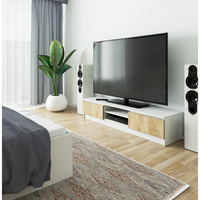 Comoda TV cu 2 usi si rafturi centrale, PAL laminat, 160x40x33 cm, alb si stejar sonoma