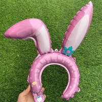 Balon din Folie Metalizata, Vafy, Tip Coronita cu Urechi, Model Iepure, Ambalaj Individual, Pai Inclus, Umflare cu Aer sau Heliu, 38 x 45 cm, Roz