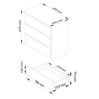 Noptiera cu 3 sertare, PAL laminat 16 mm, 60x35x57 cm, alb si gri
