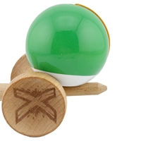 Kendama X Originala, Profesionala, Flippy, Big Cups V2, Super Sticky cu Cupe Mari, din lemn 18 cm, Rulment Metalic cu Ata 55 cm, Verde/Alb