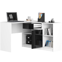 Birou de colt cu sertar, usa si 6 rafturi, fronturi MDF lucios, 120x126x79 cm, alb si negru lucios