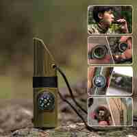 Kit supravieturie Flippy, Fluier multifunctional 7 in 1, pentru drumetii, hiking, lupa, fluier, termometru, depozitare pastile, busola, din material ABS, cu snur, 9,7 x 2,8 cm, verde