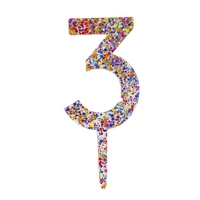 Decoratiune Topper pentru Tort, Flippy, din Acrilic cu Fulgi de Sclipici, Model Cifra 3, Inaltime 18.5 cm, Transparent Multicolor