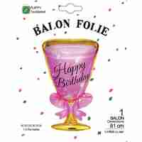 Balon din Folie Metalizata, Flippy, Figurina Pahar de Vin, Tema Aniversare, 93x48 cm, Ambalaj Individual, Pai Inclus, Umflare cu Aer sau Heliu, Roz