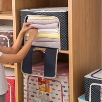 Cutie de Depozitare Pliabila, Flippy, Cu Fermoar, 100 L, Textil, 60x42x40 cm, Albastru Marin, Cadru Metalic, Suport Baza Stabil din Plastic, Imprimeu buline