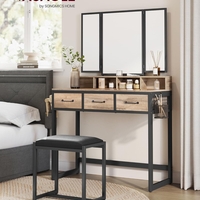 VASAGLE Masuta toaleta 90x40x141 cm, cu 3 sertare, oglinda tripla si taburet, lemn si otel, maro stejar si negru