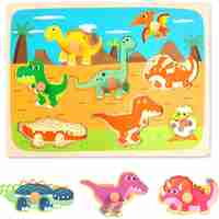 Puzzle Montessori din Lemn pentru Copii, Flippy, 3D, 0-3 Ani, Model Dinozauri, Educativ, Intuitiv, Creativ, 8 Piese, 30x22.5x0.8 cm, Multicolor