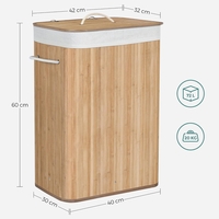 SONGMICS Cos de rufe din bambus, pliabil, cu captuseala detasabila lavabila, 72L, 40x30x60cm, natural