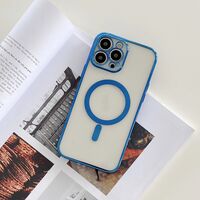 Husa MagSafe pentru Apple iPhone 12 Pro, Protectie camera, Full TPU, Margini colorate Electroplating, Magnetica, Incarcare Wireless, Vafy, Albastru