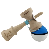 Kendama X Originala, Profesionala, Flippy, Cupe Mari KING SIZE V3, Rubber Grip, Gaura in Baza, Rulment Metalic, din lemn 18 cm, Ata 62/65 cm, S Bicolor Albastru/Alb