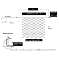 Instalatie Craciun, Tip Plasa, 3 m x 3 m, 320 LED-uri, Alb rece, 8 jocuri de lumini, Transformator, Interconectabila, Prelungitor 3 m inclus, Fir transparent, Vafy