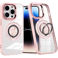 Husa de Protectie TPU, Vafy, pentru iPhone 16 Pro, Anticadere, cu Incarcare Wireless, Tehnologie Magsafe, Inel Magnetic Rotativ cu Functie de Suport, Transparent-Roz