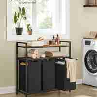VASAGLE Cos de rufe cu 3 saci detasabili, 3x40 litri, 2 rafturi, structura metalica, stil industrial, 92x33x92 cm, maro rustic