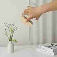 Cutie de Depozitare Alimente, Flippy, Cutie de tip Container, Cutie pentru Cereale, din Plastic, Capac din Bambuc, 10 x 10 x 30 cm, Volum 1.9 l, Transparent