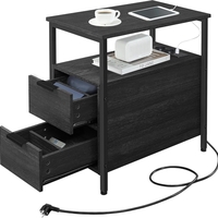 VASAGLE Noptiera 60x35x61 cm, cu 2 sertare, rafturi si priza incorporata, PAL si otel, gri antracit si negru