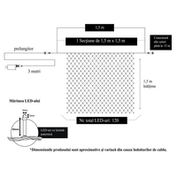 Instalatie Craciun, Tip Plasa, 1.5 m x 1.5 m, 120 LED-uri, Alb rece, 8 jocuri de lumini, Transformator cu telecomanda, Interconectabila, Prelungitor 3 m inclus, Fir transparent, Vafy